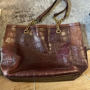 Fossil Dark Brown Croc-Embossed Tote